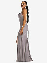 Side View Thumbnail - Cashmere Gray Cowl-Neck Open Tie-Back Stretch Satin Mermaid Dress with Slight Train