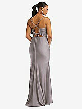 Rear View Thumbnail - Cashmere Gray Cowl-Neck Open Tie-Back Stretch Satin Mermaid Dress with Slight Train
