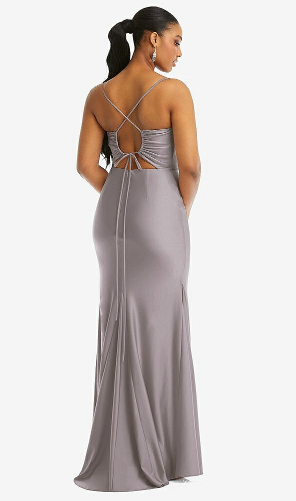 Back View - Cashmere Gray Cowl-Neck Open Tie-Back Stretch Satin Mermaid Dress with Slight Train