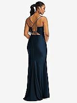 Rear View Thumbnail - Midnight Navy Cowl-Neck Open Tie-Back Stretch Satin Mermaid Dress with Slight Train
