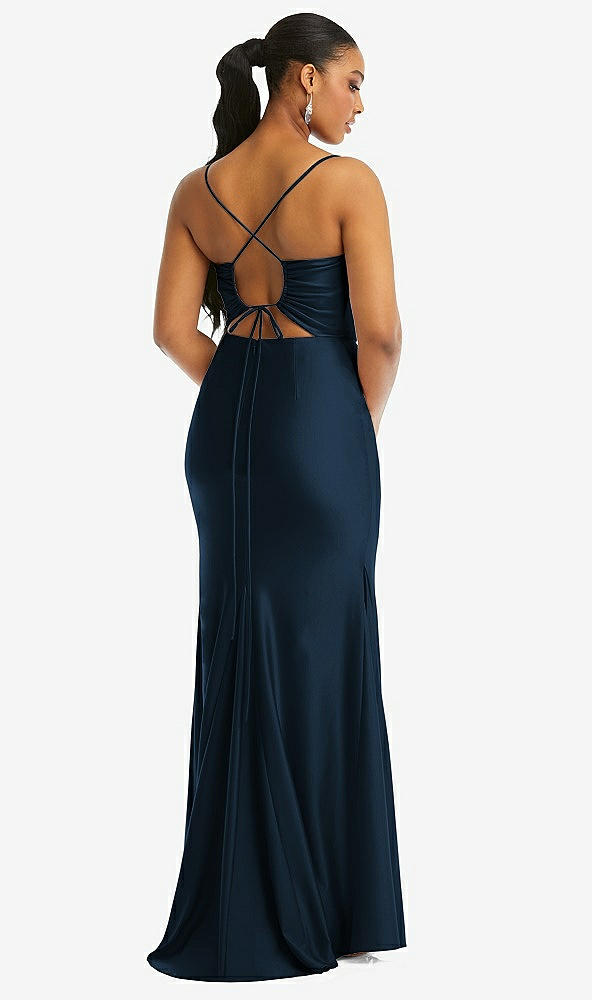 Back View - Midnight Navy Cowl-Neck Open Tie-Back Stretch Satin Mermaid Dress with Slight Train