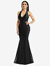Front View Thumbnail - Black Plunge Neckline Cutout Low Back Stretch Satin Mermaid Dress