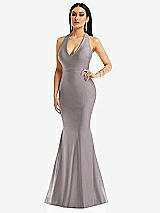 Front View Thumbnail - Cashmere Gray Plunge Neckline Cutout Low Back Stretch Satin Mermaid Dress