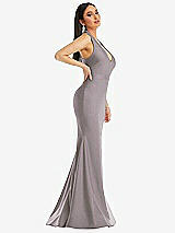 Side View Thumbnail - Cashmere Gray Plunge Neckline Cutout Low Back Stretch Satin Mermaid Dress