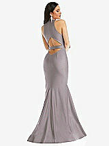 Rear View Thumbnail - Cashmere Gray Plunge Neckline Cutout Low Back Stretch Satin Mermaid Dress