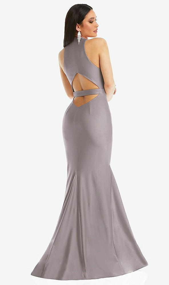 Back View - Cashmere Gray Plunge Neckline Cutout Low Back Stretch Satin Mermaid Dress