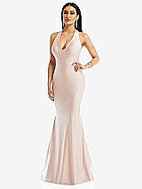 Front View Thumbnail - Ivory Plunge Neckline Cutout Low Back Stretch Satin Mermaid Dress