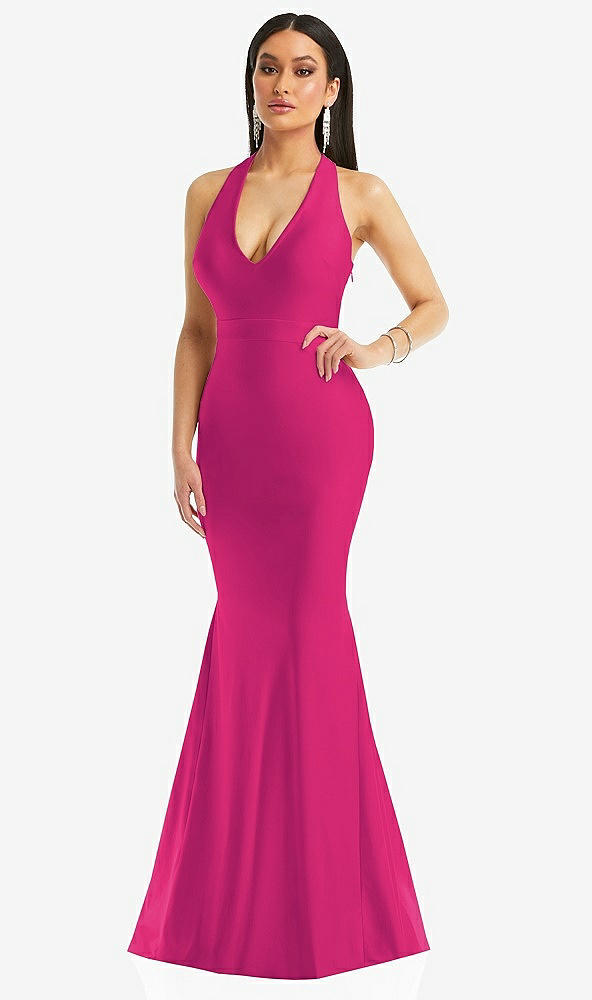 Front View - Think Pink Plunge Neckline Cutout Low Back Stretch Satin Mermaid Dress