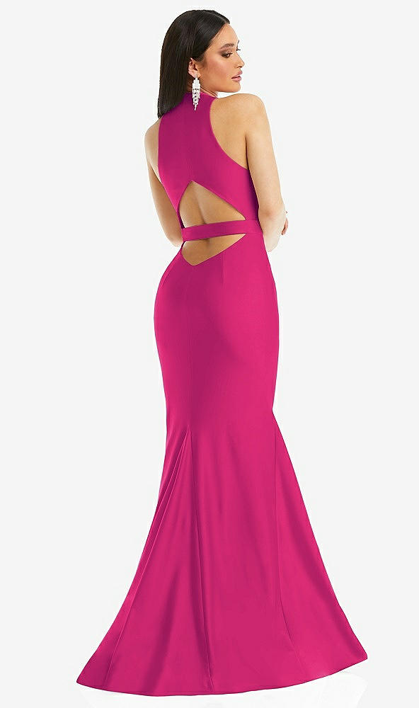 Back View - Think Pink Plunge Neckline Cutout Low Back Stretch Satin Mermaid Dress