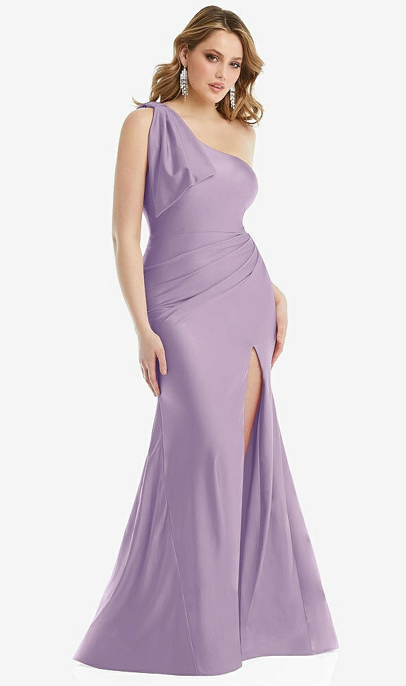 Front View - Pale Purple Cascading Bow One-Shoulder Stretch Satin Mermaid Dress with Slight Train