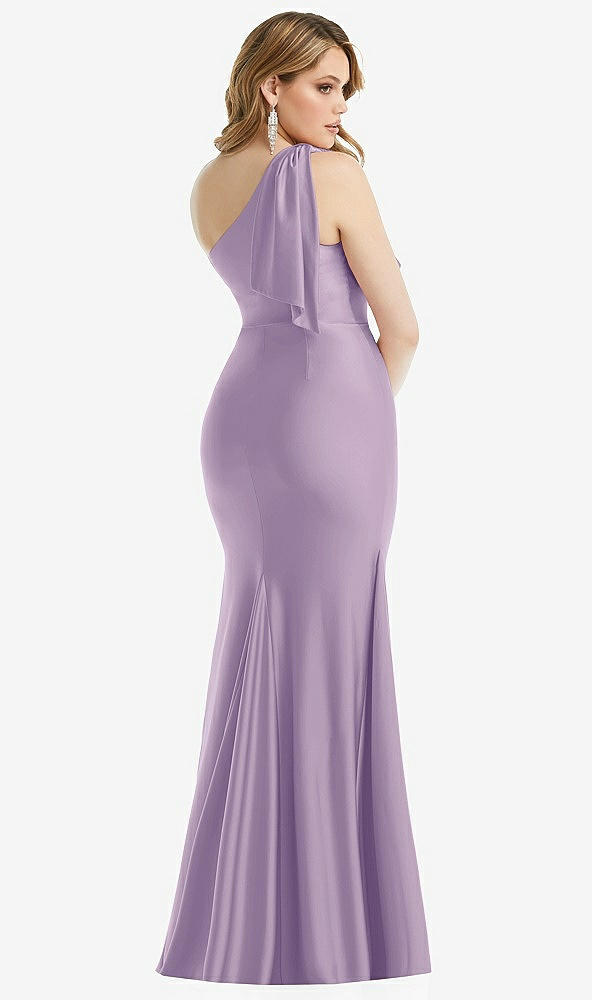 Back View - Pale Purple Cascading Bow One-Shoulder Stretch Satin Mermaid Dress with Slight Train