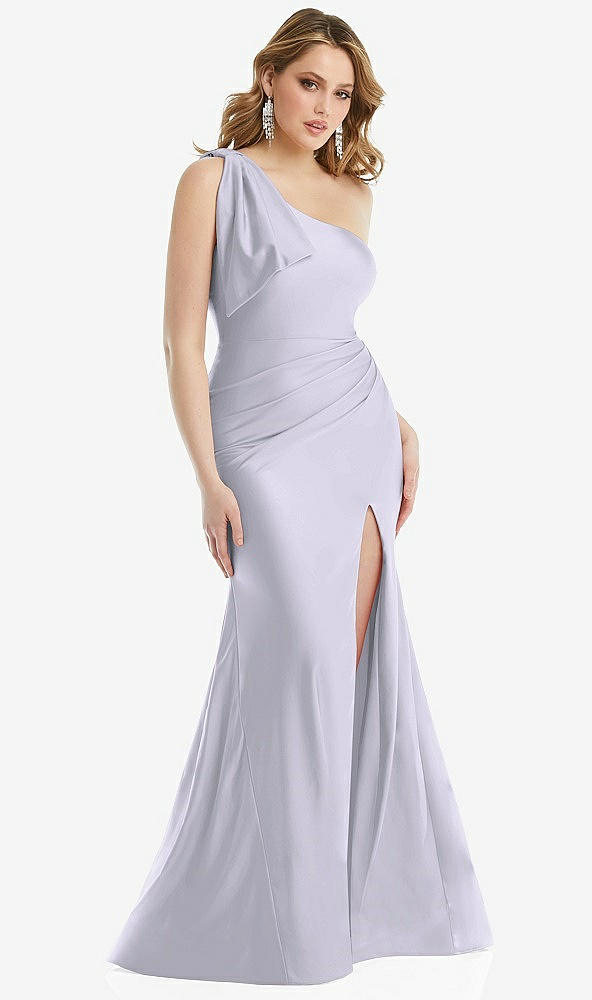 Front View - Silver Dove Cascading Bow One-Shoulder Stretch Satin Mermaid Dress with Slight Train