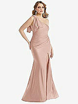 Alt View 1 Thumbnail - Toasted Sugar Cascading Bow One-Shoulder Stretch Satin Mermaid Dress with Slight Train
