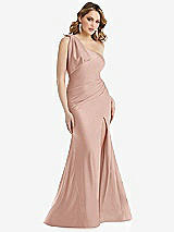 Front View Thumbnail - Toasted Sugar Cascading Bow One-Shoulder Stretch Satin Mermaid Dress with Slight Train