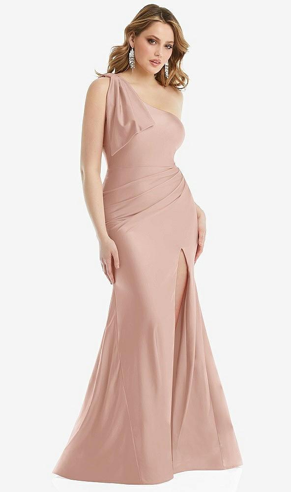Front View - Toasted Sugar Cascading Bow One-Shoulder Stretch Satin Mermaid Dress with Slight Train
