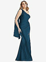 Front View Thumbnail - Atlantic Blue Scarf Neck One-Shoulder Stretch Satin Mermaid Dress with Slight Train