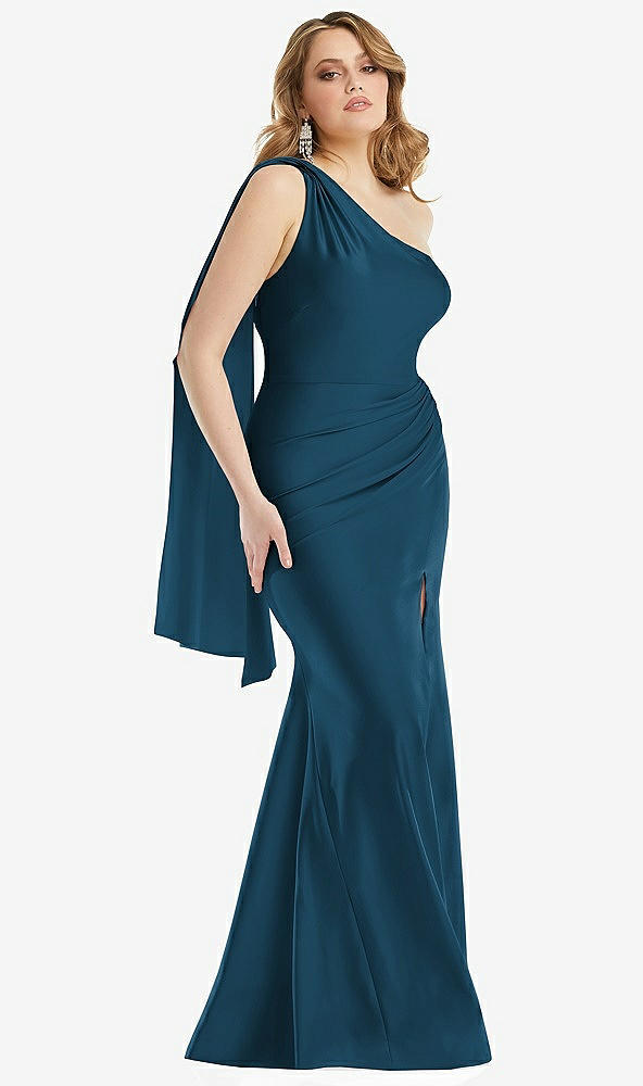 Front View - Atlantic Blue Scarf Neck One-Shoulder Stretch Satin Mermaid Dress with Slight Train