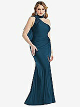 Side View Thumbnail - Atlantic Blue Scarf Neck One-Shoulder Stretch Satin Mermaid Dress with Slight Train