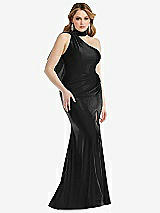 Side View Thumbnail - Black Scarf Neck One-Shoulder Stretch Satin Mermaid Dress with Slight Train