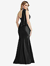 Rear View Thumbnail - Black Scarf Neck One-Shoulder Stretch Satin Mermaid Dress with Slight Train