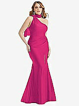 Alt View 1 Thumbnail - Think Pink Scarf Neck One-Shoulder Stretch Satin Mermaid Dress with Slight Train