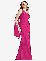 Front View Thumbnail - Think Pink Scarf Neck One-Shoulder Stretch Satin Mermaid Dress with Slight Train