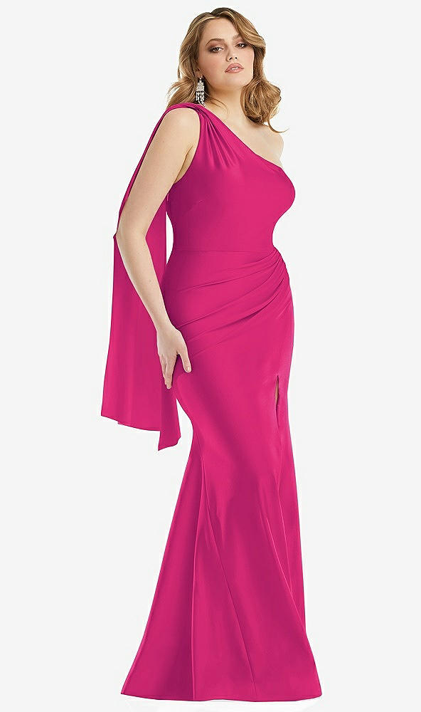 Front View - Think Pink Scarf Neck One-Shoulder Stretch Satin Mermaid Dress with Slight Train