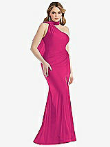 Side View Thumbnail - Think Pink Scarf Neck One-Shoulder Stretch Satin Mermaid Dress with Slight Train