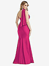 Rear View Thumbnail - Think Pink Scarf Neck One-Shoulder Stretch Satin Mermaid Dress with Slight Train