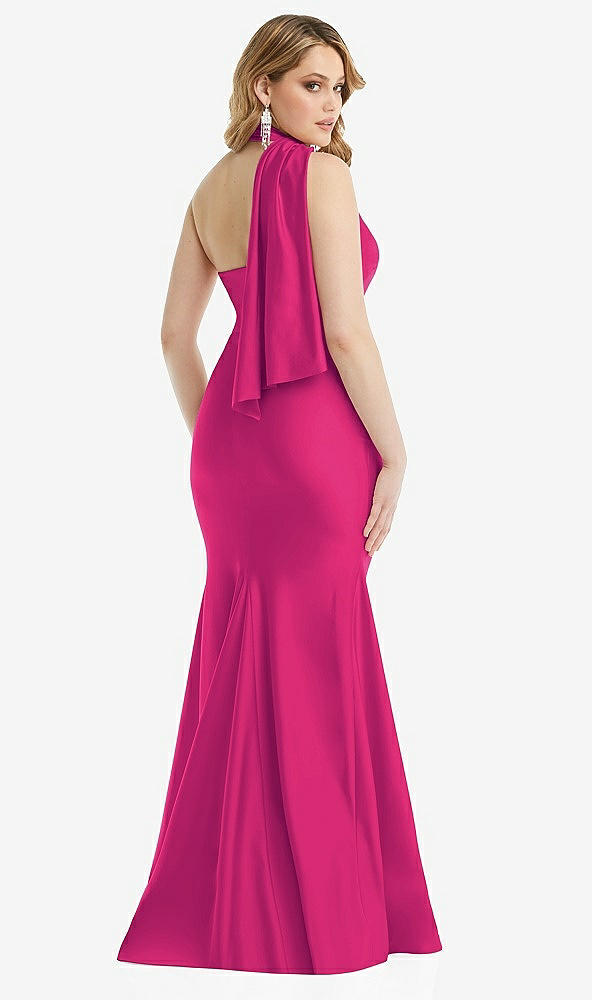 Back View - Think Pink Scarf Neck One-Shoulder Stretch Satin Mermaid Dress with Slight Train