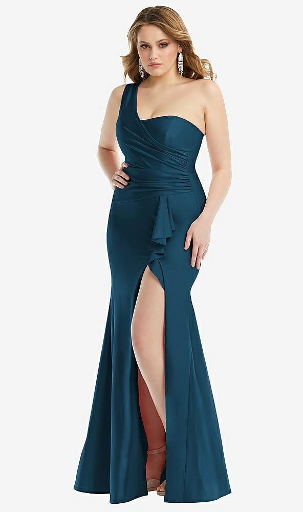 Front View - Atlantic Blue One-Shoulder Bustier Stretch Satin Mermaid Dress with Cascade Ruffle