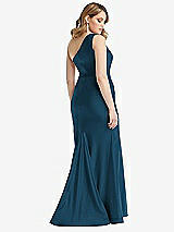 Rear View Thumbnail - Atlantic Blue One-Shoulder Bustier Stretch Satin Mermaid Dress with Cascade Ruffle
