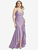 Front View Thumbnail - Pale Purple Pleated Wrap Ruffled High Low Stretch Satin Gown with Slight Train