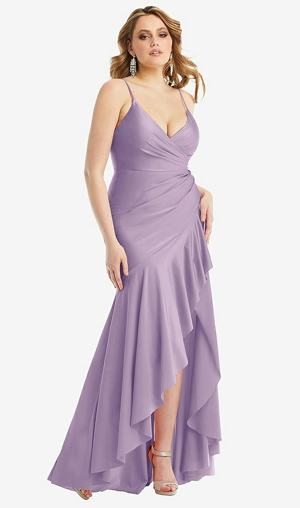 Front View - Pale Purple Pleated Wrap Ruffled High Low Stretch Satin Gown with Slight Train