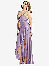 Side View Thumbnail - Pale Purple Pleated Wrap Ruffled High Low Stretch Satin Gown with Slight Train