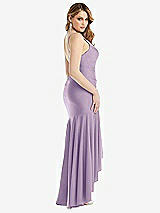 Rear View Thumbnail - Pale Purple Pleated Wrap Ruffled High Low Stretch Satin Gown with Slight Train