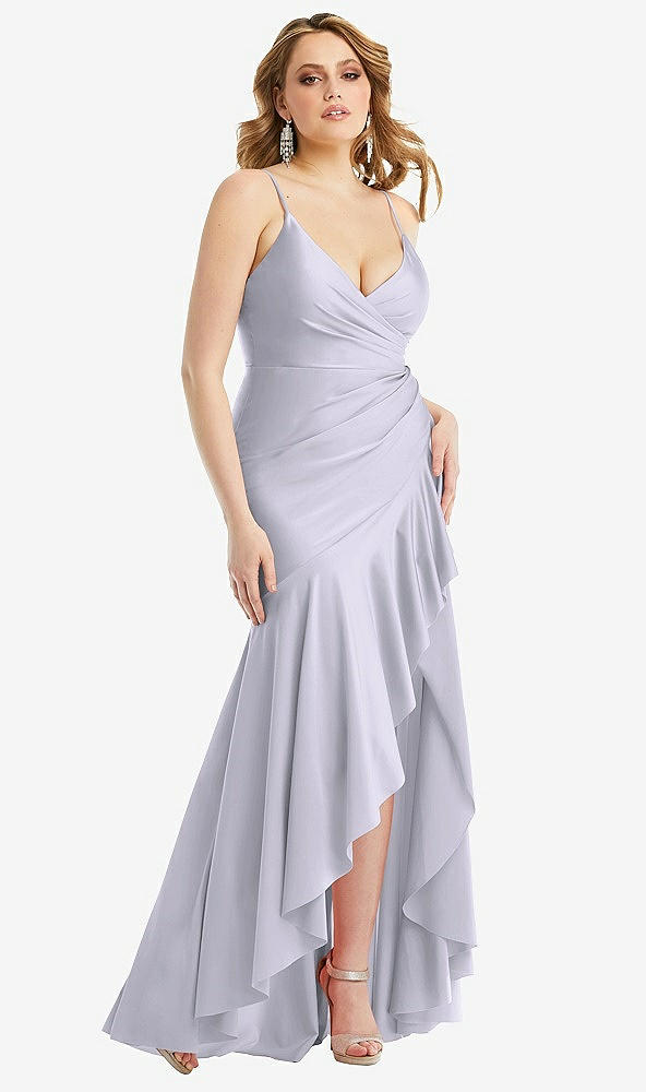 Front View - Silver Dove Pleated Wrap Ruffled High Low Stretch Satin Gown with Slight Train