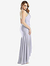 Rear View Thumbnail - Silver Dove Pleated Wrap Ruffled High Low Stretch Satin Gown with Slight Train