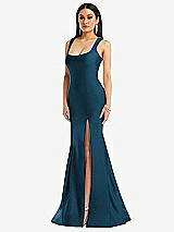 Front View Thumbnail - Atlantic Blue Square Neck Stretch Satin Mermaid Dress with Slight Train