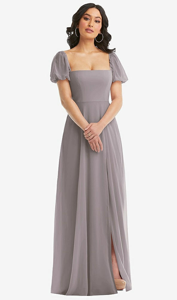 Front View - Cashmere Gray Puff Sleeve Chiffon Maxi Dress with Front Slit