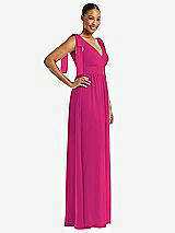 Side View Thumbnail - Think Pink Plunge Neckline Bow Shoulder Empire Waist Chiffon Maxi Dress