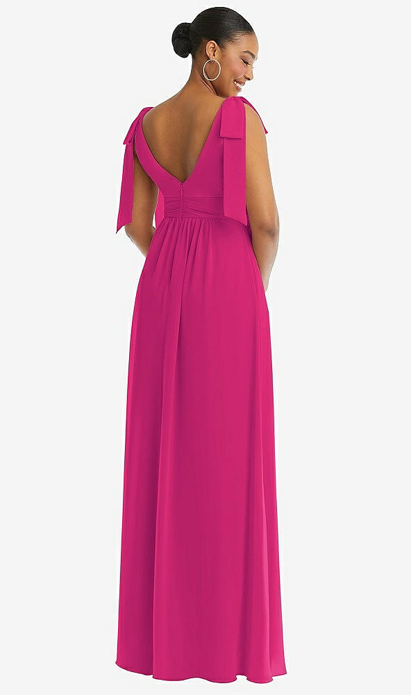 Back View - Think Pink Plunge Neckline Bow Shoulder Empire Waist Chiffon Maxi Dress
