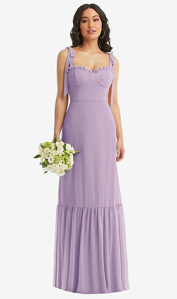 Front View - Pale Purple Tie-Shoulder Bustier Bodice Ruffle-Hem Maxi Dress