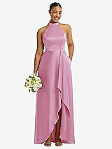 Alt View 1 Thumbnail - Powder Pink High-Neck Tie-Back Halter Cascading High Low Maxi Dress