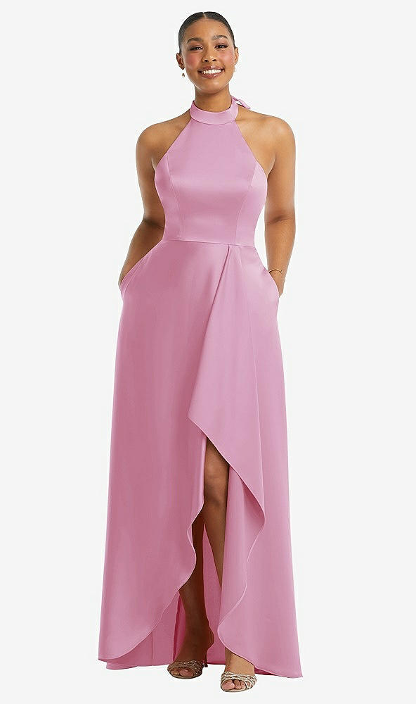 Front View - Powder Pink High-Neck Tie-Back Halter Cascading High Low Maxi Dress