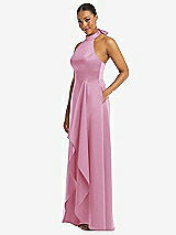 Side View Thumbnail - Powder Pink High-Neck Tie-Back Halter Cascading High Low Maxi Dress
