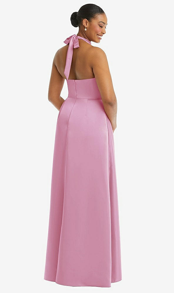 Back View - Powder Pink High-Neck Tie-Back Halter Cascading High Low Maxi Dress