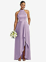 Alt View 1 Thumbnail - Pale Purple High-Neck Tie-Back Halter Cascading High Low Maxi Dress