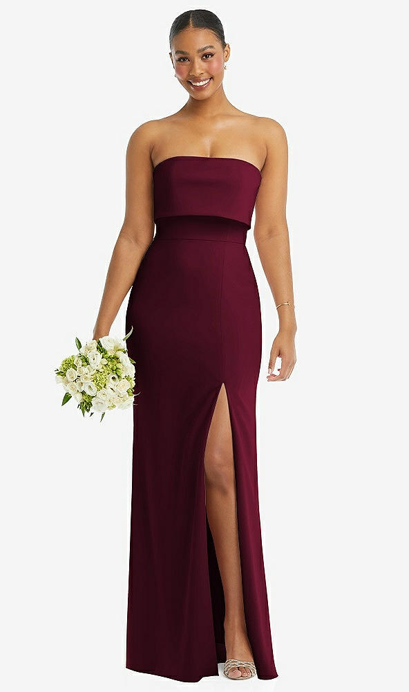 Front View - Cabernet Strapless Overlay Bodice Crepe Maxi Dress with Front Slit