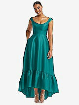 Front View Thumbnail - Jade Cap Sleeve Deep Ruffle Hem Satin High Low Dress with Pockets